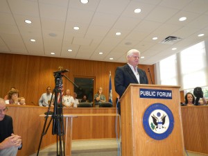 Congressman John Larson speaks during the public forum at West Hartford Town Hall, September 2, 2013. 